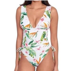 Lauren Ralph Lauren Womens Size 14 White Swimsuit Pink Waterlily One Piece Swim